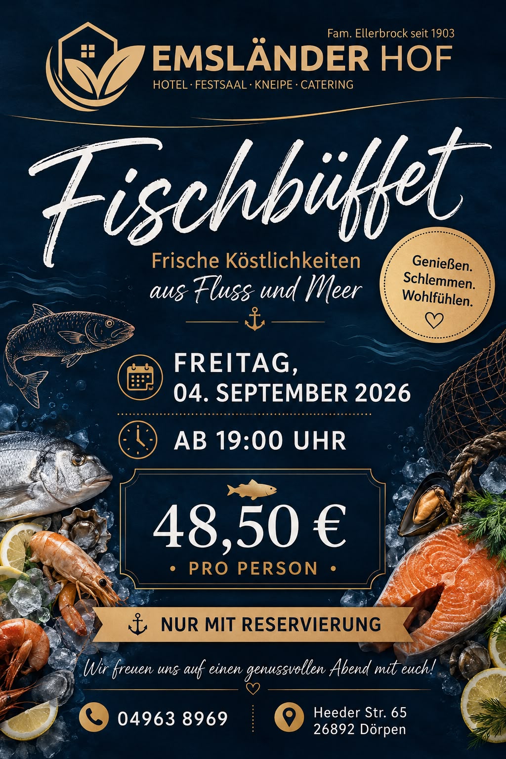 Plakat zum Fischbuffet am 4. September 2026 im Emsländer Hof